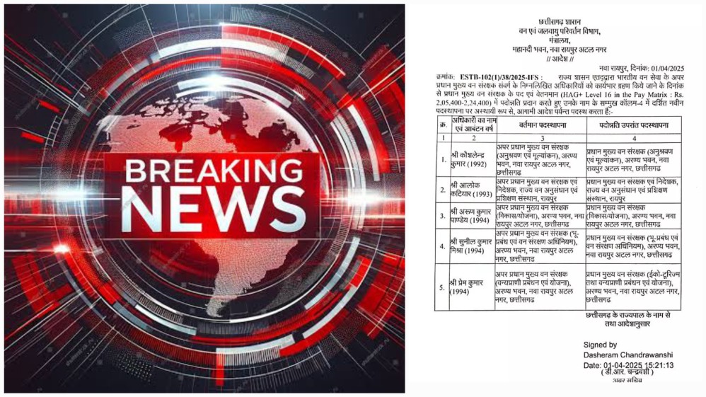 ब्रेकिंग छत्तीसगढ़ : भारतीय वन सेवा के पांच अफसर बने प्रधान मुख्य वन संरक्षक, वन प्रबंधन को मिलेगी नई दिशा… ब्रेकिंग छत्तीसगढ़ : भारतीय वन सेवा के पांच अफसर बने प्रधान मुख्य वन संरक्षक, वन प्रबंधन को मिलेगी नई दिशा…