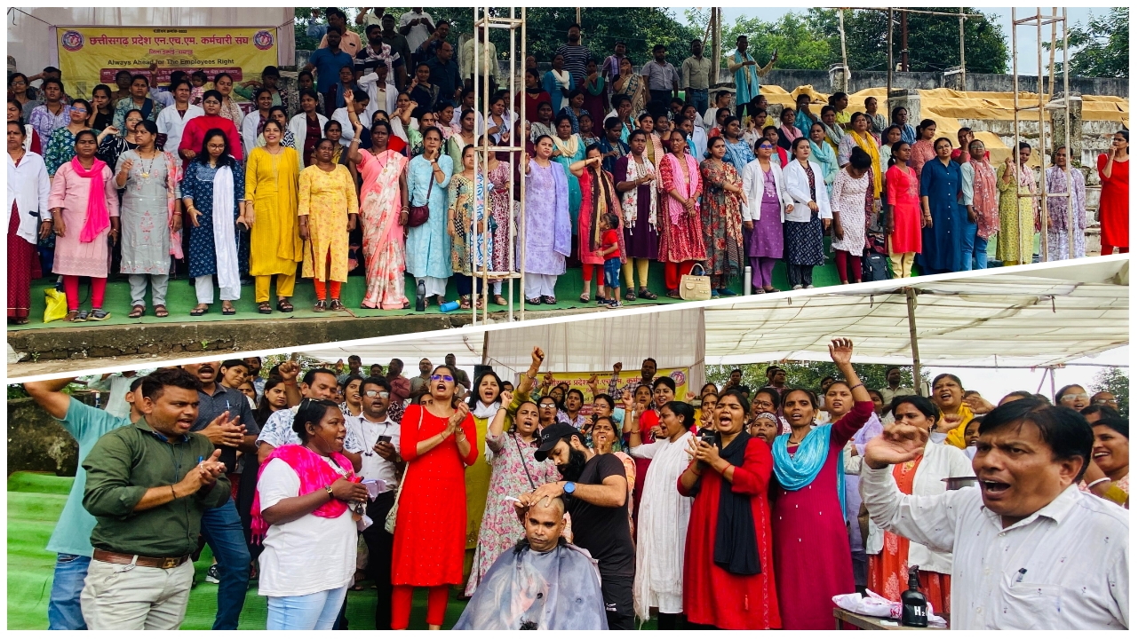 “आश्वासनों का गुब्बारा, आदेश कहाँ?” – सिर मुंडाकर शासन को दी चेतावनी…17वें दिन भी NHM कर्मचारियों की हड़ताल जारी…