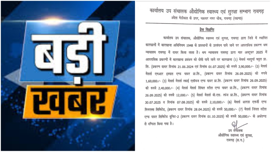 औद्योगिक इकाइयों पर बड़ी कार्रवाई : रायगढ़ में सात कारखानों को जुर्माना, श्रम न्यायालय ने दिया सख्त फैसला ; उल्लंघन पाए जाने पर औद्योगिक स्वास्थ्य एवं सुरक्षा विभाग ने दिखाई कड़ी कार्रवाई…
