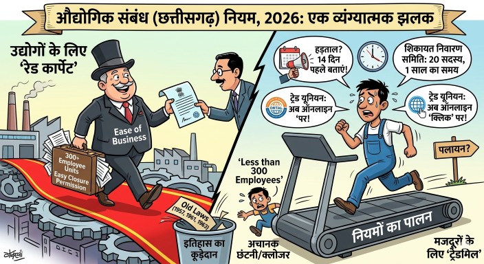 छत्तीसगढ़ श्रम नियम 2026 : अब ‘मजदूर’ नहीं, ‘डिजिटल तपस्वी’ कहिए!…