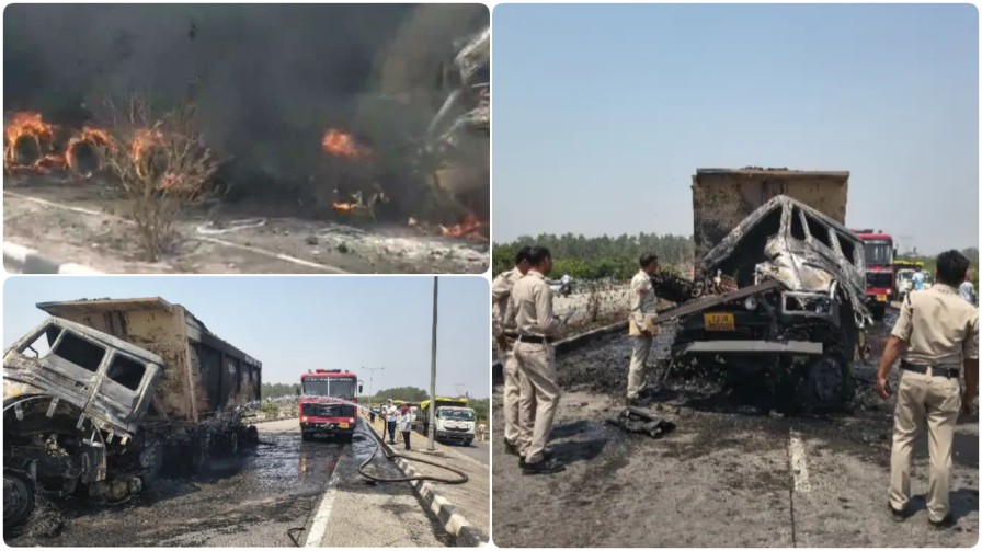 बिलासपुर में भीषण सड़क हादसा : ओवरब्रिज पर भिड़े दो ट्रेलर, केबिन में फंसे ड्राइवर की जिंदा जलकर मौत…