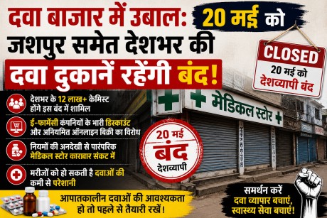 दवा बाजार में उबाल: 20 मई को जशपुर समेत देशभर की दवा दुकानें रहेंगी बंद!…