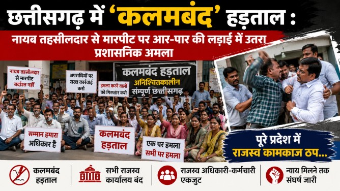 छत्तीसगढ़ में अनिश्चितकालीन ‘कलमबंद’ हड़ताल : नायब तहसीलदार से मारपीट पर आर-पार की लड़ाई में उतरा प्रशासनिक अमला, पूरे प्रदेश में राजस्व कामकाज ठप…