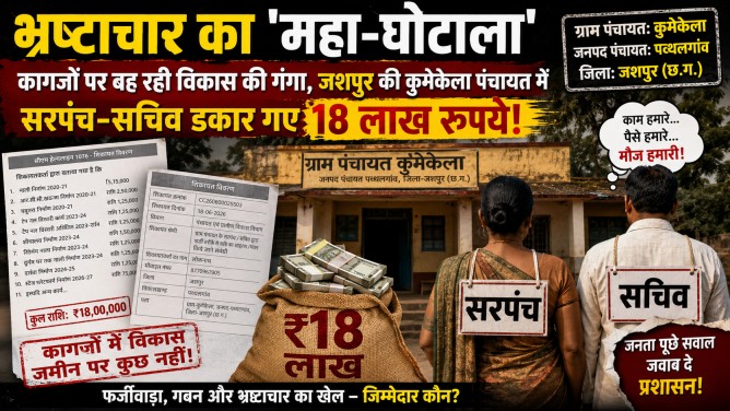 भ्रष्टाचार का ‘महा-घोटाला’: कागजों पर बह रही विकास की गंगा, पत्थलगांव की कुमेकेला पंचायत में सरपंच-सचिव डकार गए 18 लाख रुपये!….
