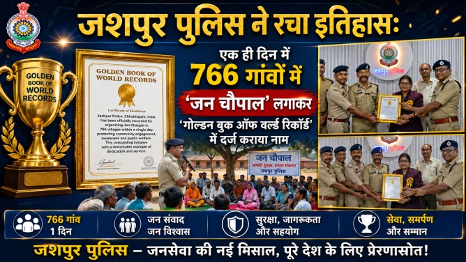 जशपुर पुलिस ने रचा इतिहास: एक ही दिन में 766 गांवों में ‘जन चौपाल’ लगाकर ‘गोल्डन बुक ऑफ वर्ल्ड रिकॉर्ड’ में दर्ज कराया नाम…