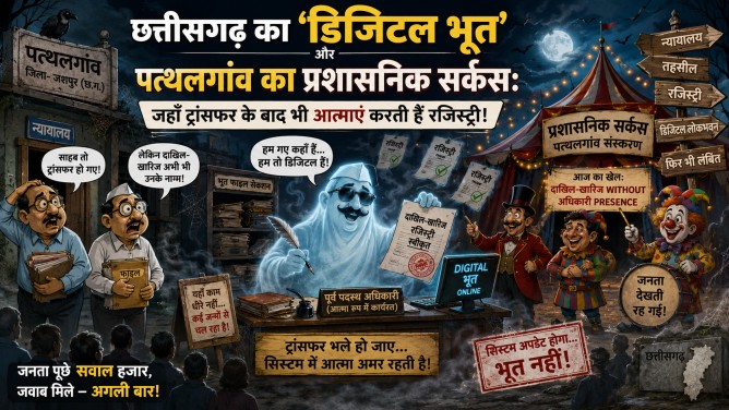 छत्तीसगढ़ का ‘डिजिटल भूत’ और पत्थलगांव का प्रशासनिक सर्कस: जहाँ ट्रांसफर के बाद भी आत्माएं करती हैं रजिस्ट्री!…