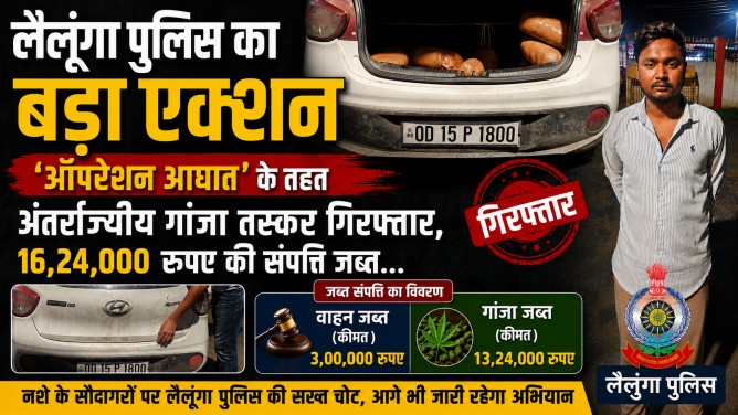 लैलूंगा पुलिस का बड़ा एक्शन : ‘ऑपरेशन आघात’ के तहत अंतर्राज्यीय गांजा तस्कर गिरफ्तार, 16.24 लाख रुपए की संपत्ति जब्त…