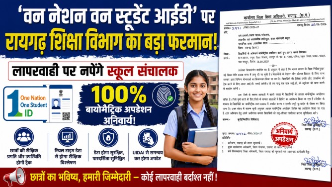 ‘वन नेशन वन स्टूडेंट आईडी’ पर रायगढ़ शिक्षा विभाग का बड़ा फरमान: लापरवाही पर नपेंगे स्कूल संचालक, 100% बायोमैट्रिक अपडेशन अनिवार्य!…