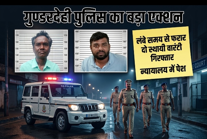गुण्डरदेही पुलिस का बड़ा एक्शन : लंबे समय से फरार दो स्थायी वारंटी गिरफ्तार, न्यायालय में पेश
