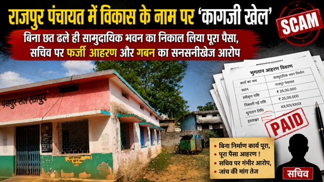 लैलूंगा : राजपुर पंचायत में विकास के नाम पर ‘कागजी खेल’: बिना छत ढले ही सामुदायिक भवन का निकाल लिया पूरा पैसा, सचिव पर फर्जी आहरण और गबन का सनसनीखेज आरोप…