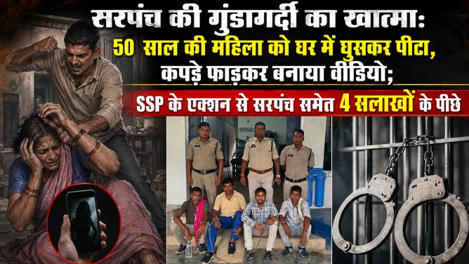 सरपंच की गुंडागर्दी का खात्मा : 50 साल की महिला को घर में घुसकर पीटा, कपड़े फाड़कर बनाया वीडियो; SSP के एक्शन से सरपंच समेत 4 सलाखों के पीछे…