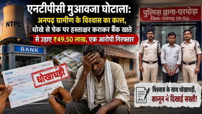 घरघोड़ा : अनपढ़ ग्रामीण के विश्वास का कत्ल, धोखे से चेक पर हस्ताक्षर कराकर बैंक खाते से उड़ाए ₹49.50 लाख, एक आरोपी गिरफ्तार
