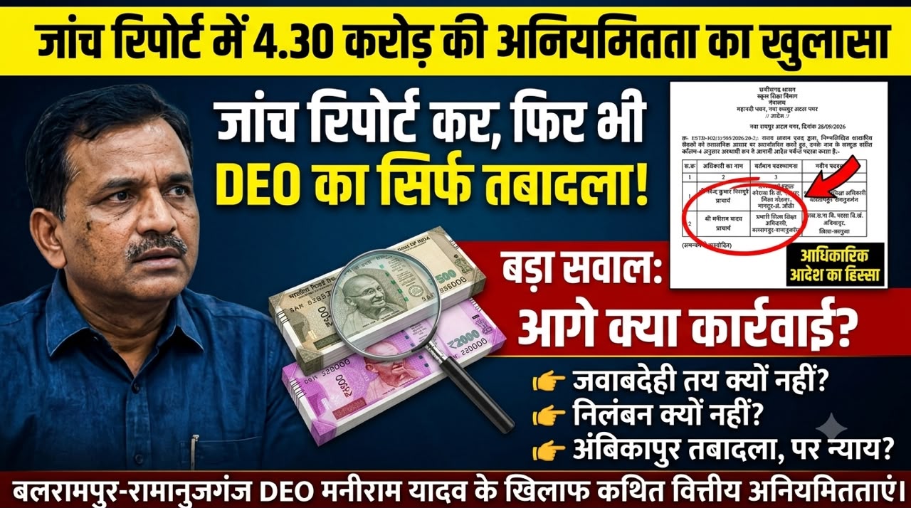 विष्णुदेव साय सरकार में ‘जीरो टॉलरेंस’ का खोखला दावा: 4.30 करोड़ के घोटाले की रिपोर्ट के बाद भी सिर्फ तबादला, क्या भ्रष्टाचारियों को मिल रहा है सरकारी संरक्षण?…
