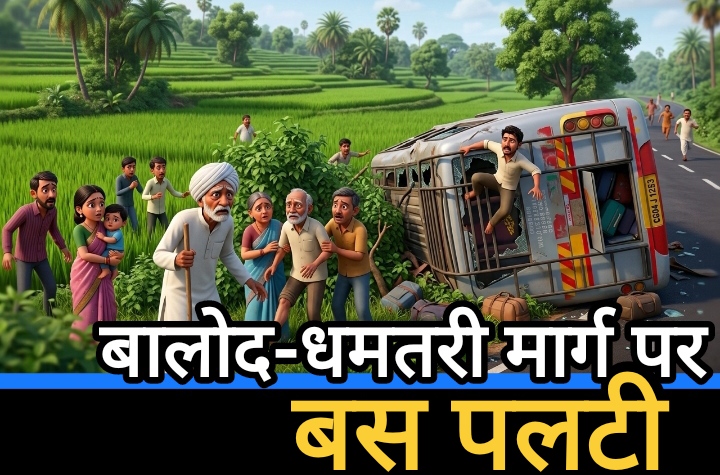 बालोद-धमतरी मार्ग पर यात्री बस पलटी : दर्जनों यात्री घायल, राहत एवं बचाव कार्य जारी