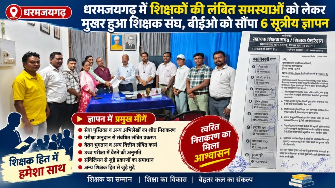 धरमजयगढ़ में शिक्षकों की लंबित समस्याओं को लेकर मुखर हुआ शिक्षक संघ, बीईओ को सौंपा 6 सूत्रीय ज्ञापन ; त्वरित निराकरण का मिला आश्वासन…
