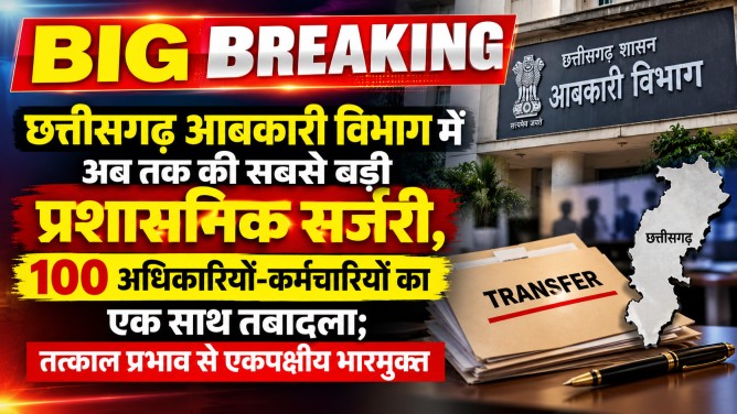BIG BREAKING : छत्तीसगढ़ आबकारी विभाग में अब तक की सबसे बड़ी प्रशासनिक सर्जरी, 100 अधिकारियों-कर्मचारियों का एक साथ तबादला; तत्काल प्रभाव से एकपक्षीय भारमुक्त…