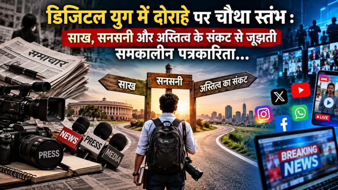 डिजिटल युग में दोराहे पर चौथा स्तंभ : साख, सनसनी और अस्तित्व के संकट से जूझती समकालीन पत्रकारिता… डिजिटल युग में दोराहे पर चौथा स्तंभ : साख, सनसनी और अस्तित्व के संकट से जूझती समकालीन पत्रकारिता…